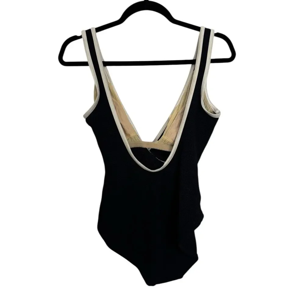 Mainstream Swimsuit Womens 14 Vintage One Piece Black Ivory Wrap V-Neck USA